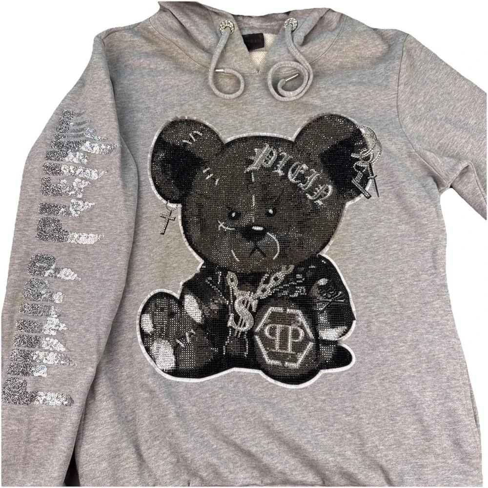 PHILIPP PLEIN Teddy Bear Sweatshirt Gray‎ RARE! Embellished Crystals